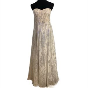 Aiden Maddox SZ 8 Silver Metallic and White Silk Wedding Formal Prom Gown